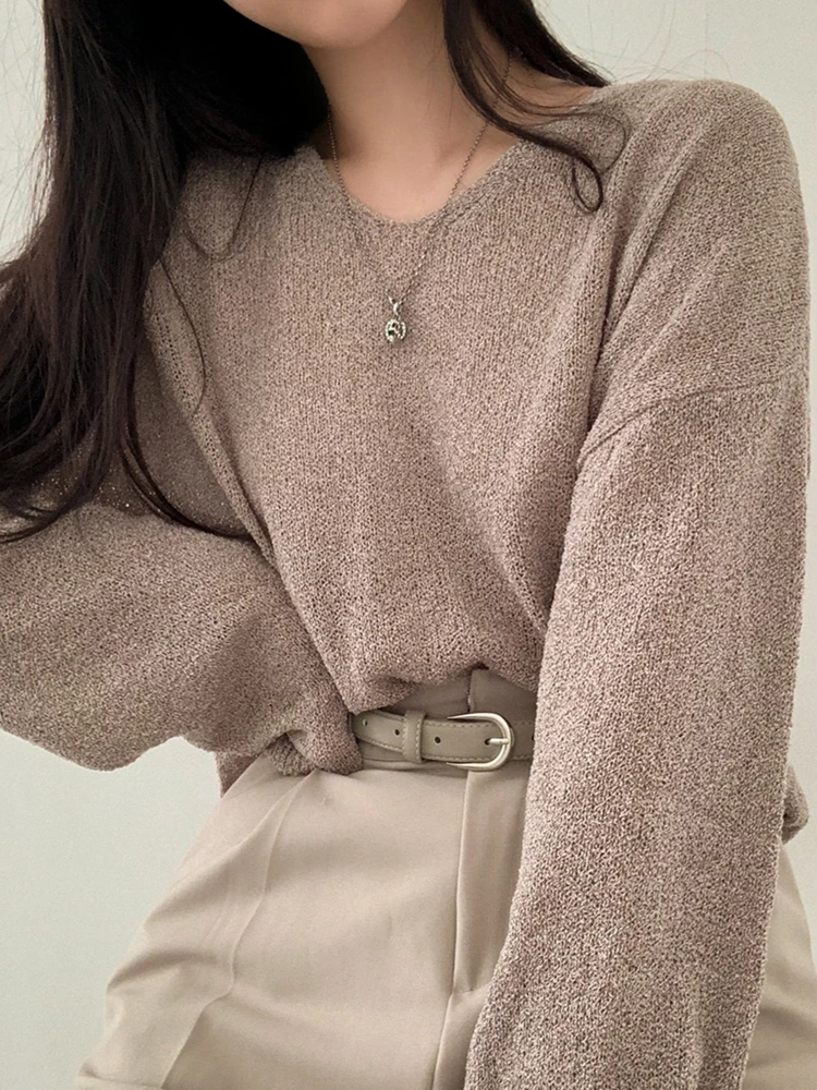 Chic Solid Femme Sweater 2026 Loose Vintage Harajuku Long Sleeve Women Sweater Korean Spring Summer Knitwear Soft Thin Tops