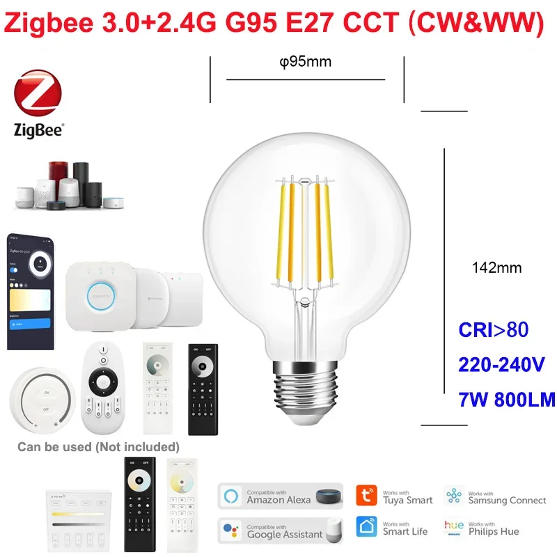Bohlam LED E27 220V 7W G95 A60 ST64 Pintar Dapat Diredupkan 2.4G RF Klasik Retro Edison Filamen Antik Ganda Putih 2200K-6500K