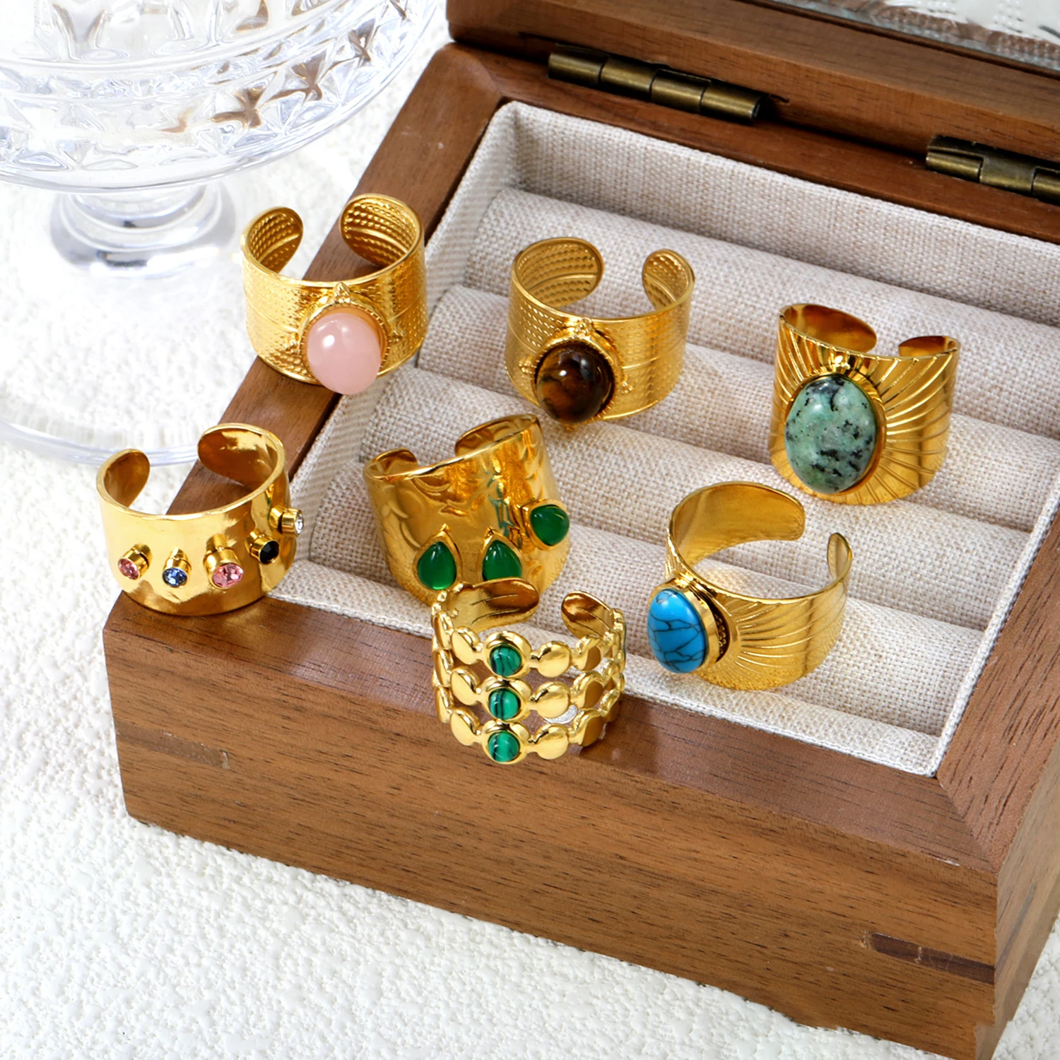 ASONSTEEL Retro Stainless Steel Green Natural Stone Rings Women Luxury Gold Plated Charm Texture Open Ring Trendy Jewelry Gift
