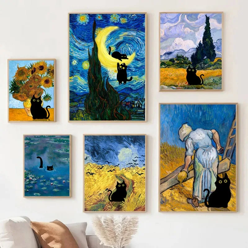Van Gogh The Starry Night Sunflowers Black Cat Canvas Painting Wall Art Pictures Monet Cat Waterlilies Posters Living Room Decor