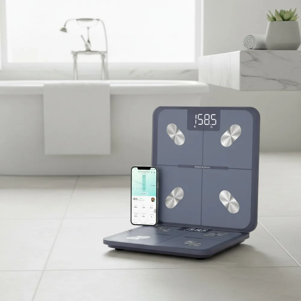 مقياس الجسم الرقمي الذكي مع تحليل نسبة الدهون في مؤشر كتلة الجسم، مزامنة تطبيق بلوتوث لتتبع اللياقة البدنية، سعة 400 رطل