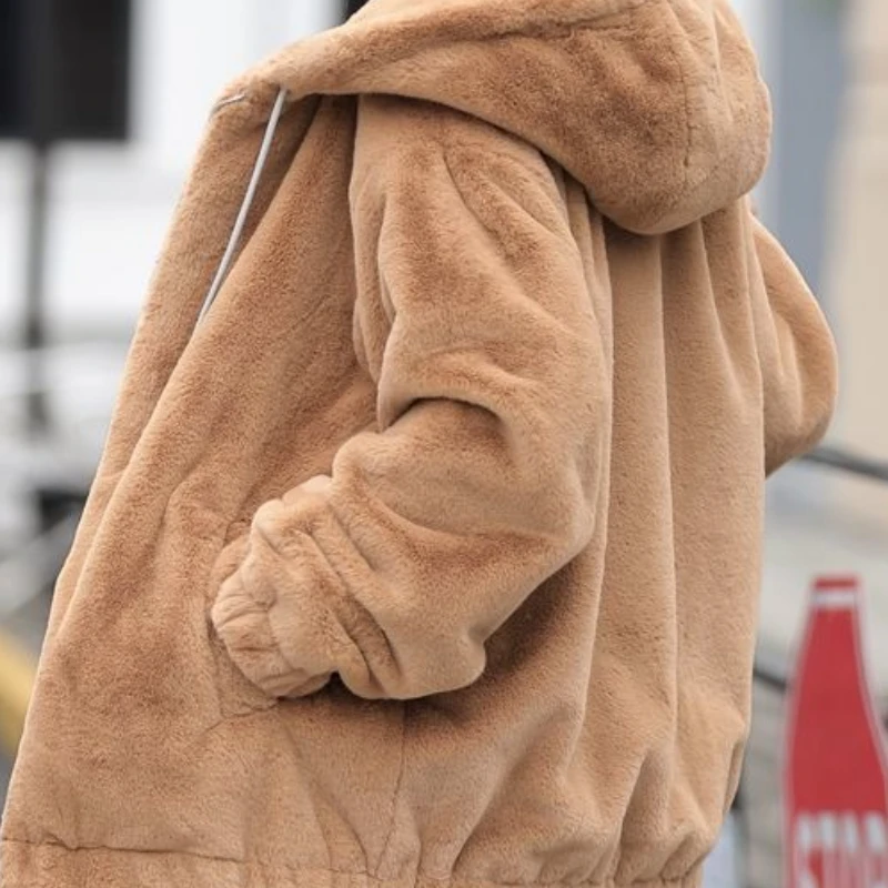 Women's Hooded Coat Winter New Korean Loose Fleece Warm Long Sleeves Fleece Lining Short Coat Zipper Long Sleeves Tops