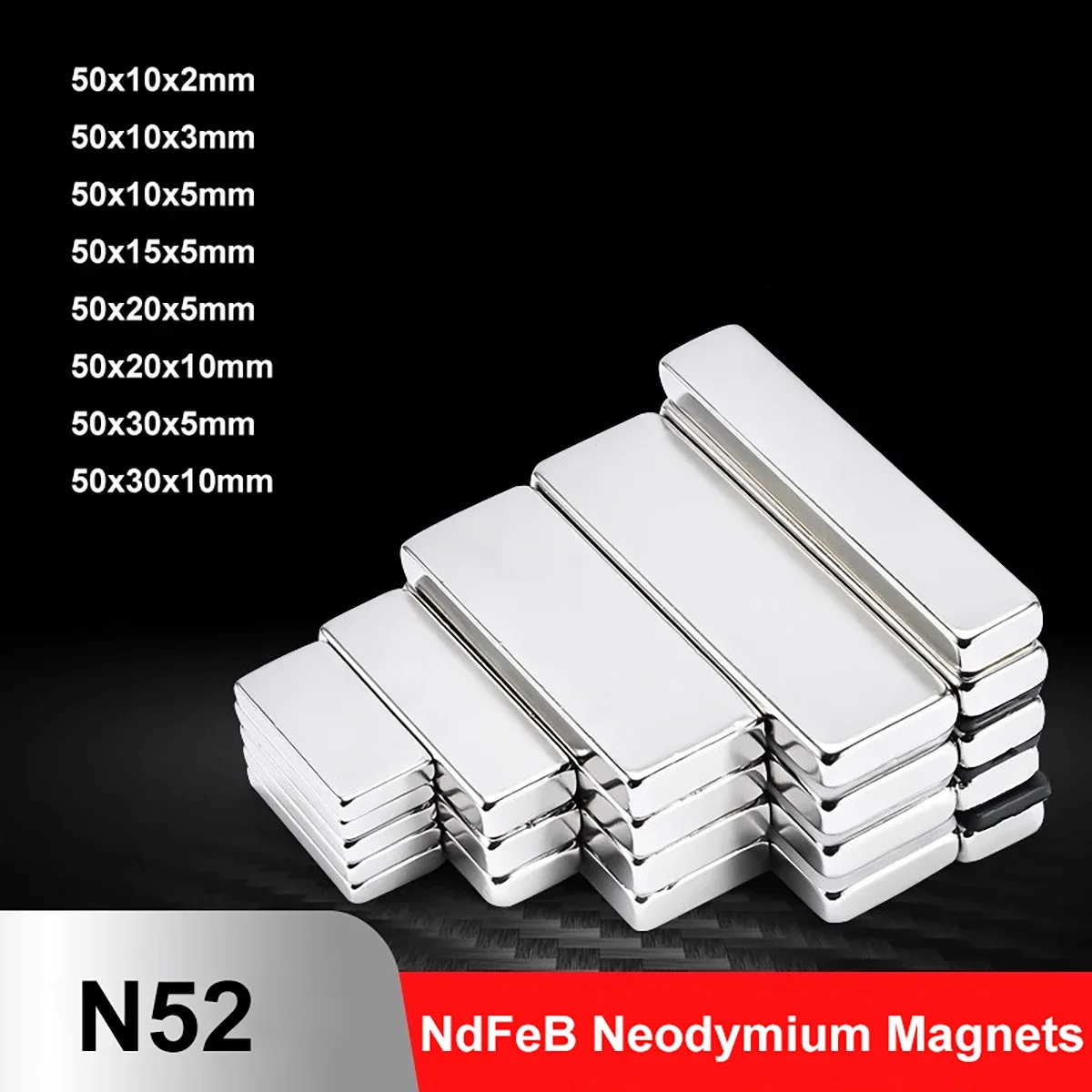 N52 NdFeB Neodymium Magnet 50x10x2 50x10x3 50x10x5 50x15x5 50x20x5 50x20x10 50x30x5 Super Strong Permanent Magnet Fridge Magnet