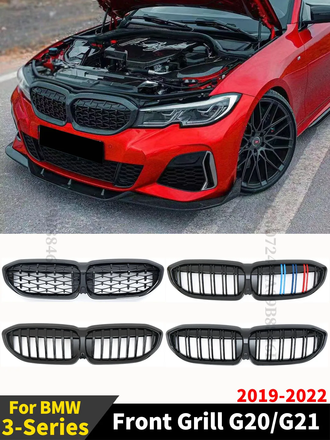 For BMW G20 3-Series G20 G21 G28 2019-2020 Front Bumper Hood Kidney Grill Racing Grilles Replacement Black Diamond Meteor Style