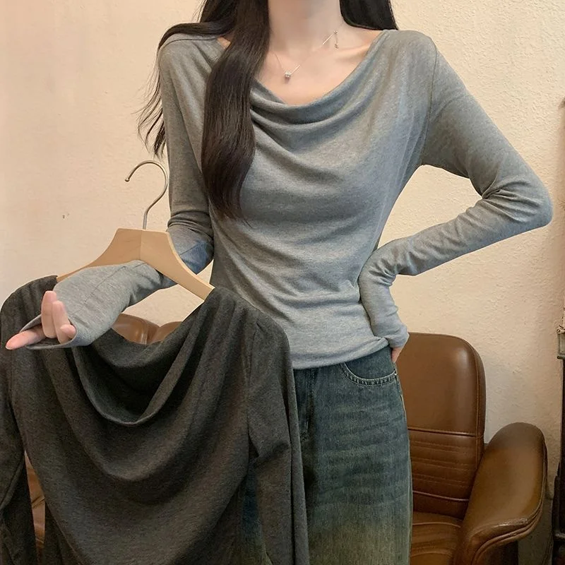 Women 2026 New Spring Autumn Thin Slim Fit Solid Color Draped Neck Top Girls Versatile Daily Wear Base Layer Blouse