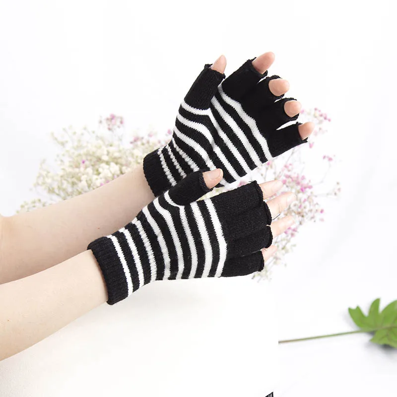 1Pair Unisex Black Stripes Half Finger Fingerless Gloves for Women Wool Knit Wrist Cotton Gloves Winter Warm Men Workout Gloves