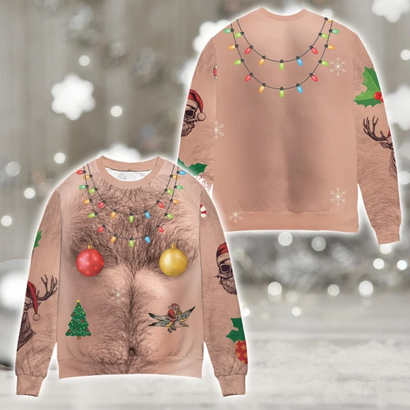 3D طباعة وهمية بيكيني الصدر الشعر البلوز للرجال النساء القبيح عيد الميلاد نمط البلوفرات عارضة جولة الرقبة طويلة الأكمام هوديس #5