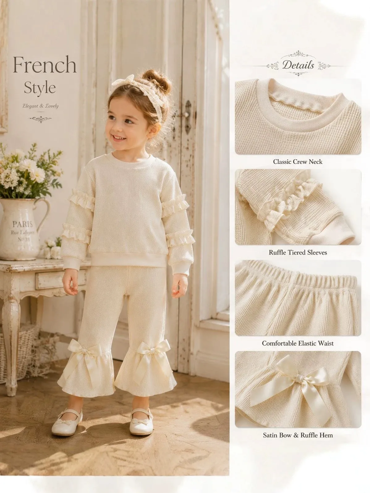 Waffle Knit Toddler Girl 2Pcs Outfit Ruffle Long Sleeve Crew Neck Top Bow Flare Pants Soft Thermal Baby Fall Clothes Set