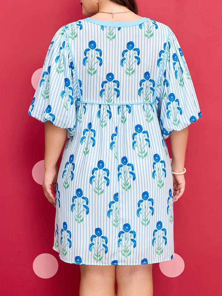 GIBSIE Plus Size Striped And Floral Tie Neck Puff Sleeve Dress Women Summer Sweet Casual Loose Holiday Mini Dresses with Pockets
