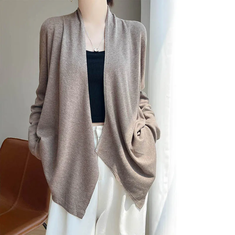 Осенний новый нерегулярный кардиган, шерстяной женский вязаный свитер с v-образным вырезом, однотонный модный женский костюм с крестообразным дизайном