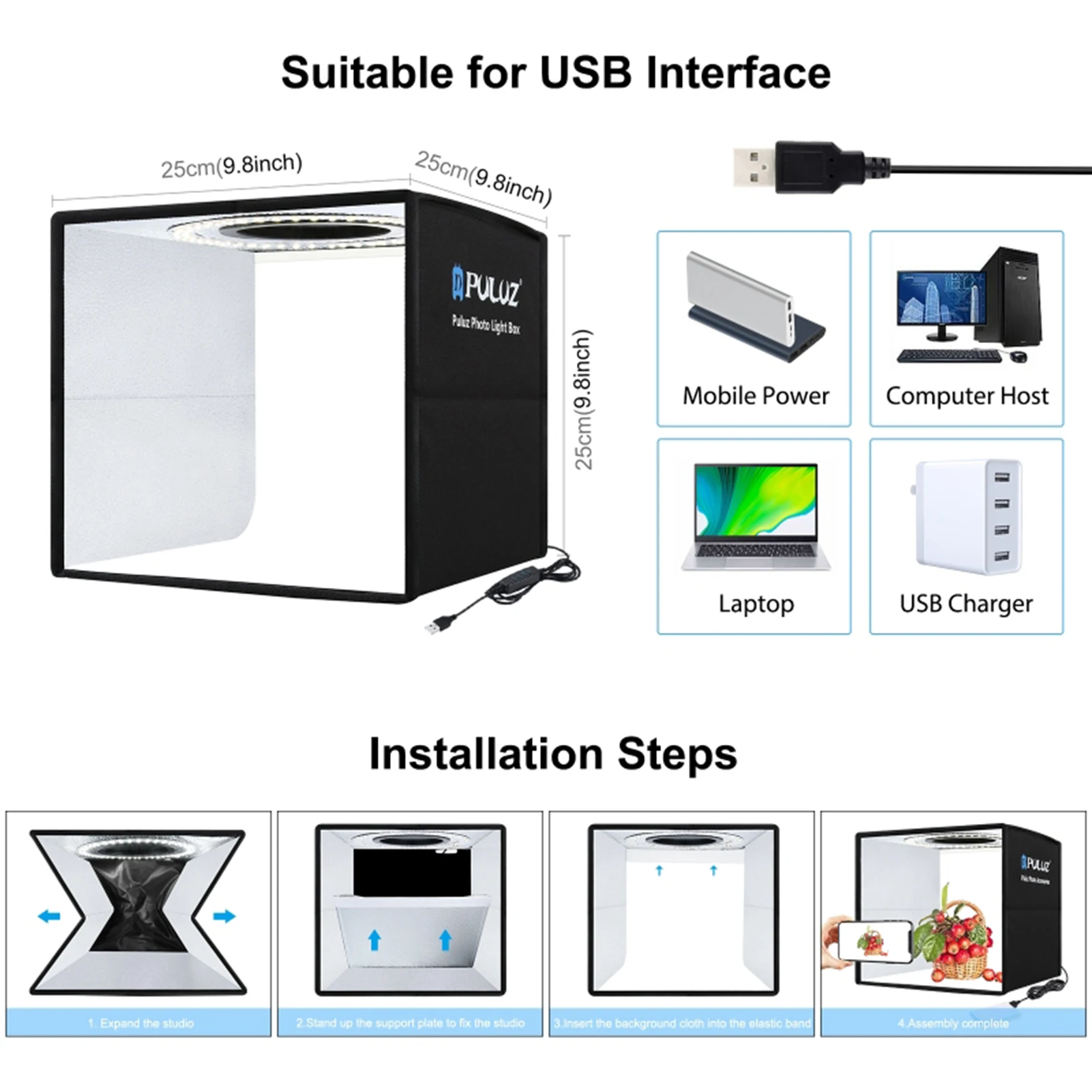 250mm Folding Photography Light Box Ring Light Board 3 Light Modes USB Cable Control 6 Double-sided Background Paper 12 Colors