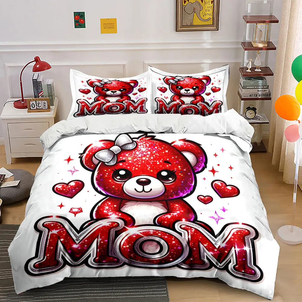 Red glitter teddy bear with hearts Bedding Set for Kids Luxury Gift 3pcs Digital Print Comforter Set Soft Comfortable