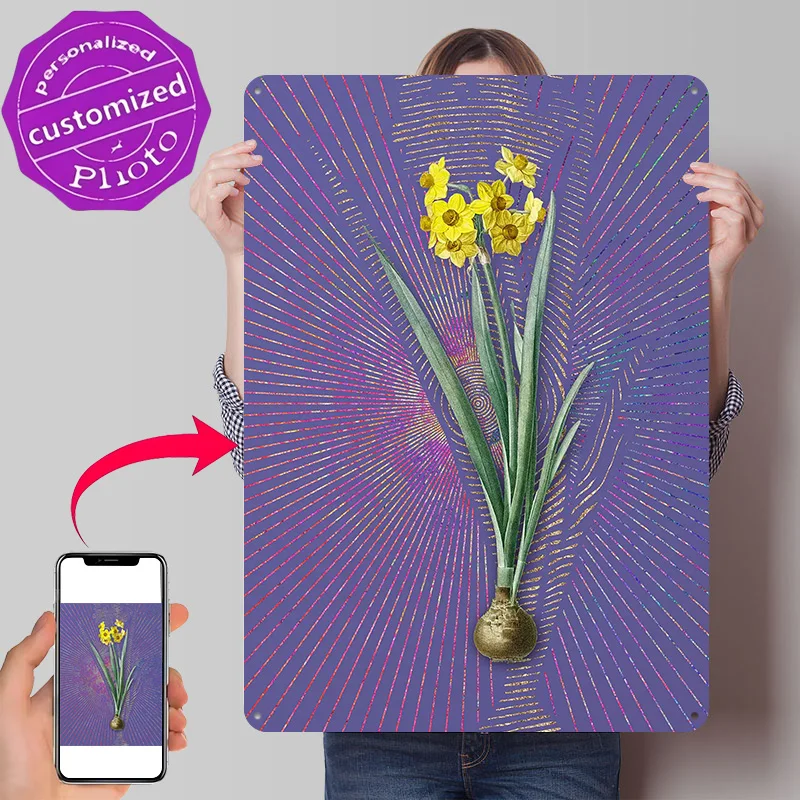 Purple Vintage Daffodil 2 3D Printed Texture Poster Personalized Wall Art Retro Metal Tin Signs for Garage Accessories Wand Deko