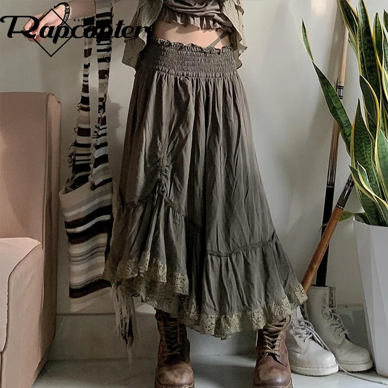 

Rapcopter y2k Fairycore Pleated Skirts Ruffles Shirring Lace Cute Midi Skirts Women Holiday Prepply Chic Skirts Korean Harajuku