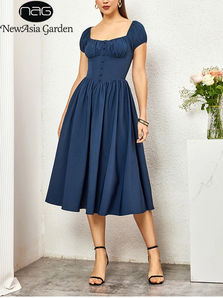 

NewAsia Women's Short Sleeves Square Neck Midi Corset Dress Flowy Swing A line Fashion Casual Long Dresses Navy Summer