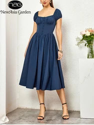 NewAsia Women's Short Sleeves Square Neck Midi Corset Dress Flowy Swing A line Fashion Casual Long Dresses Navy Summer