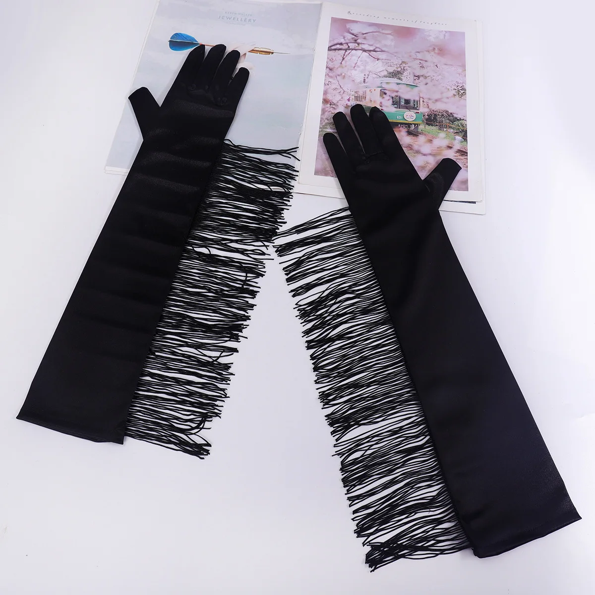 Gloves Long Tassel Stage Performance Party Women Accessory Elegant Ball Etiquette Satin Spandex White Lightweight Soft
