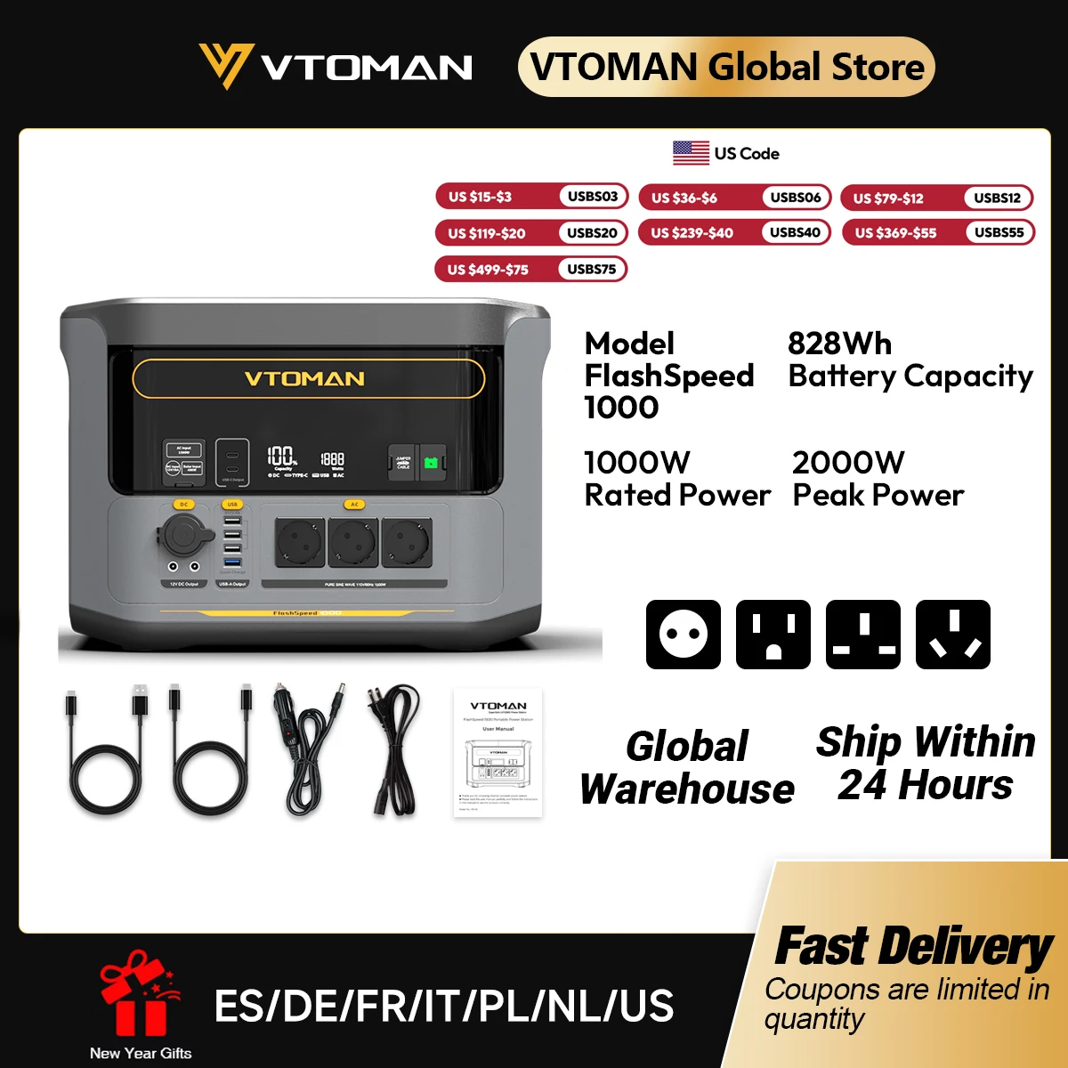 VTOMAN FlashSpeed 1000 Portable Power Station 2000W 828Wh LiFeP04 Battery For
