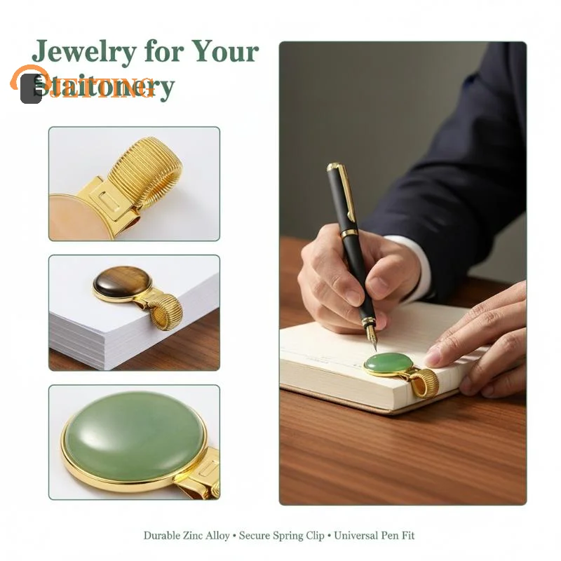 

Gold Spring Clip Gemstone Metal Pen Holder for Student Homework Office Desk Supplies