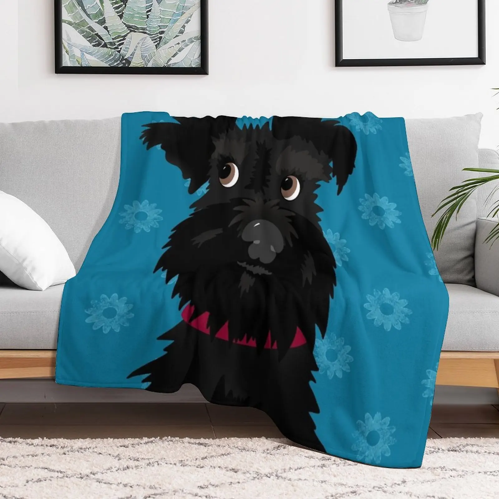 Black Miniature Schnauzer Dog with Blue Daisies Throw Blanket Decoratives Plaid on the sofa Thins Beach Blankets