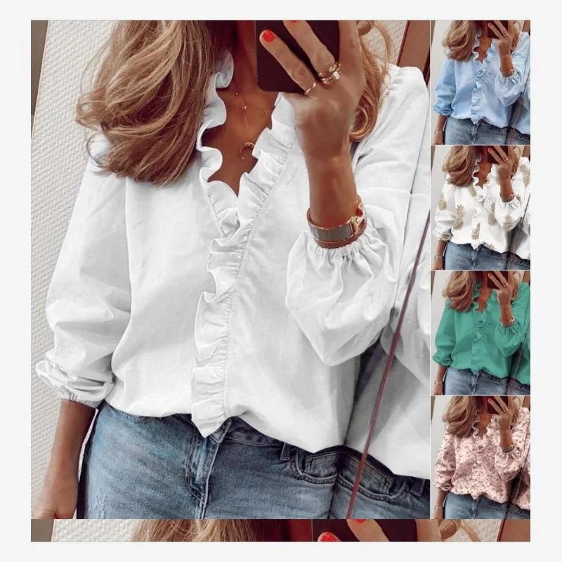 

Spring Summer New Sle Long Sve Floral Print Overhead Lace Trim Women's irt Cotton Material Button up Casual irt