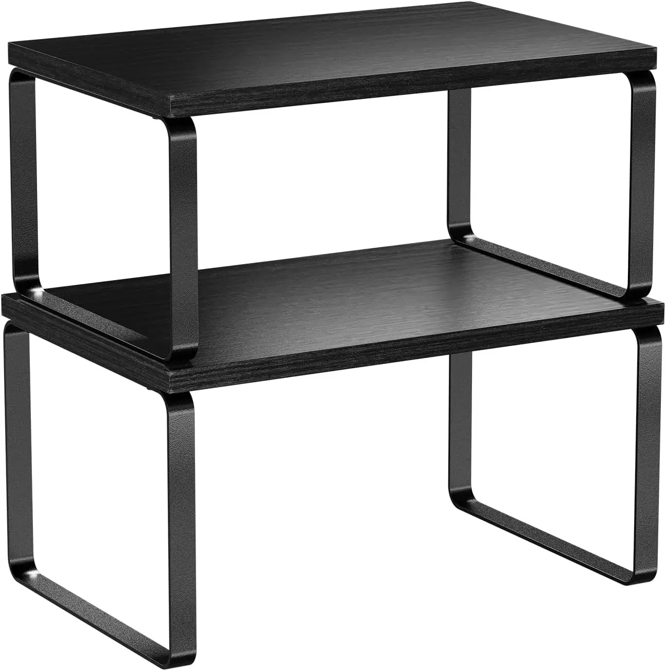 

Expandable Kitchen Shelf Organizer, 2-Pack Stackable Counter Riser, Black Metal & Wood