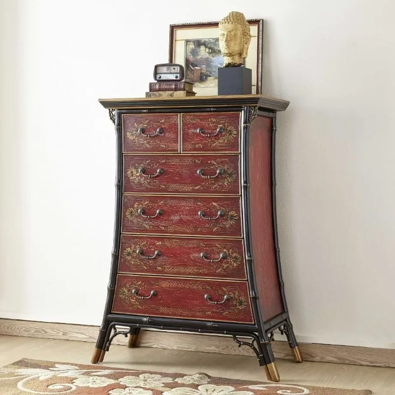 

Bedroom storage cabinet retro European style old painted wooden six-chest cabinet with drawers for storage