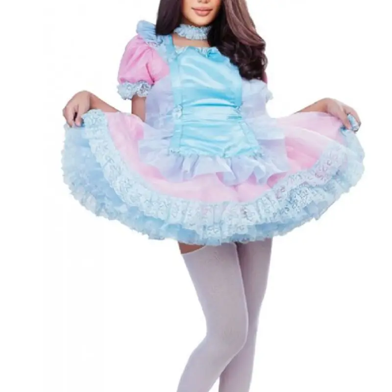 Lockable Gothic Satin Sissy Dress Pink and Blue Stitching Shoulder Fluffy Back Neck Ring Maid Costume Customization