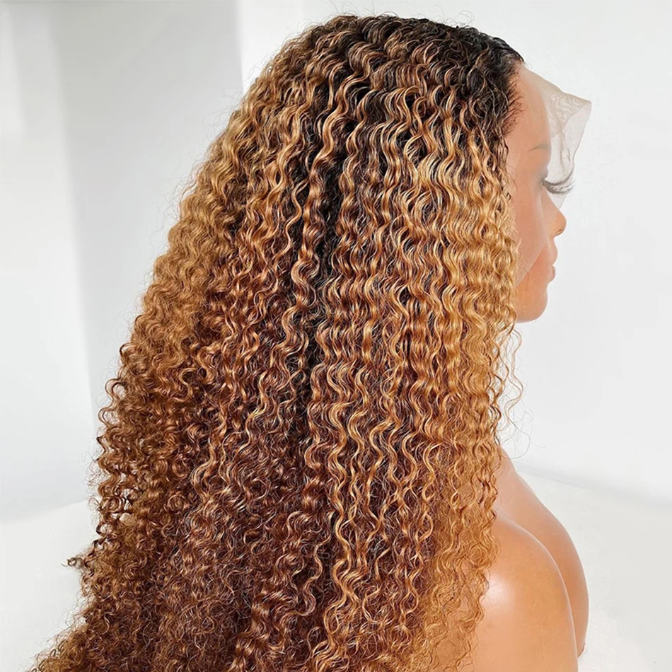 Long Kinky Curly Lace Front Wig para mulheres, Ombre Loiro, cabelo macio do bebê, resistente ao calor, sem cola, pré-arrancadas diariamente, 26 ", 180 Densidade