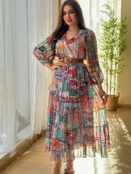BKLD Long Sleeve V-Neck 2026 Spring Summer Clothes For Women Sexy Chiffon Printed A-Line Evening Dress With Belt Party Wear