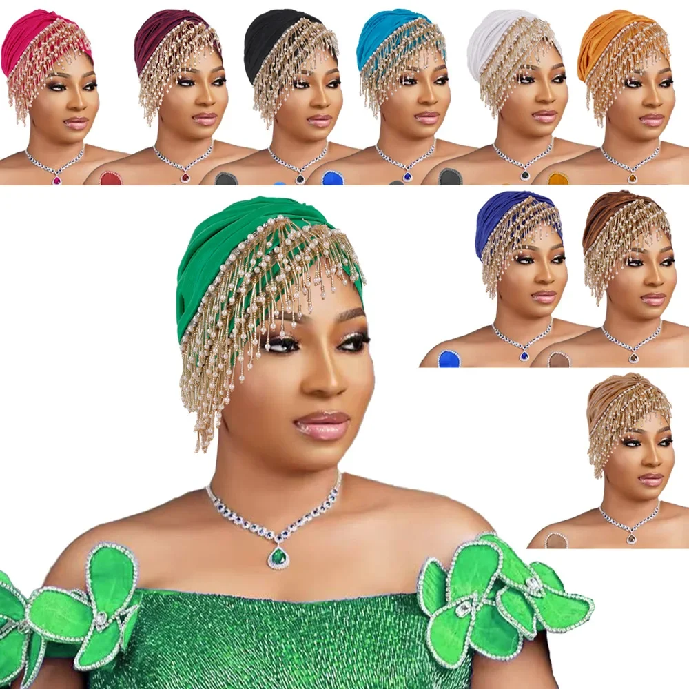 Women Heavy Multi Layer Tassel Turban Hat Fashion Wrap Head Breathable Daily Party Decorative Headwear Outdoor Travel Head Cover