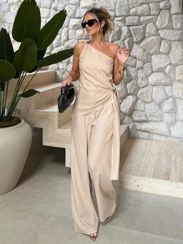 Solid Asymmetric One Shoulder Wrap Top High Waist Wide Leg Pants Set Chic Women 2026  Arrival Minimalist Elegant Office Suits
