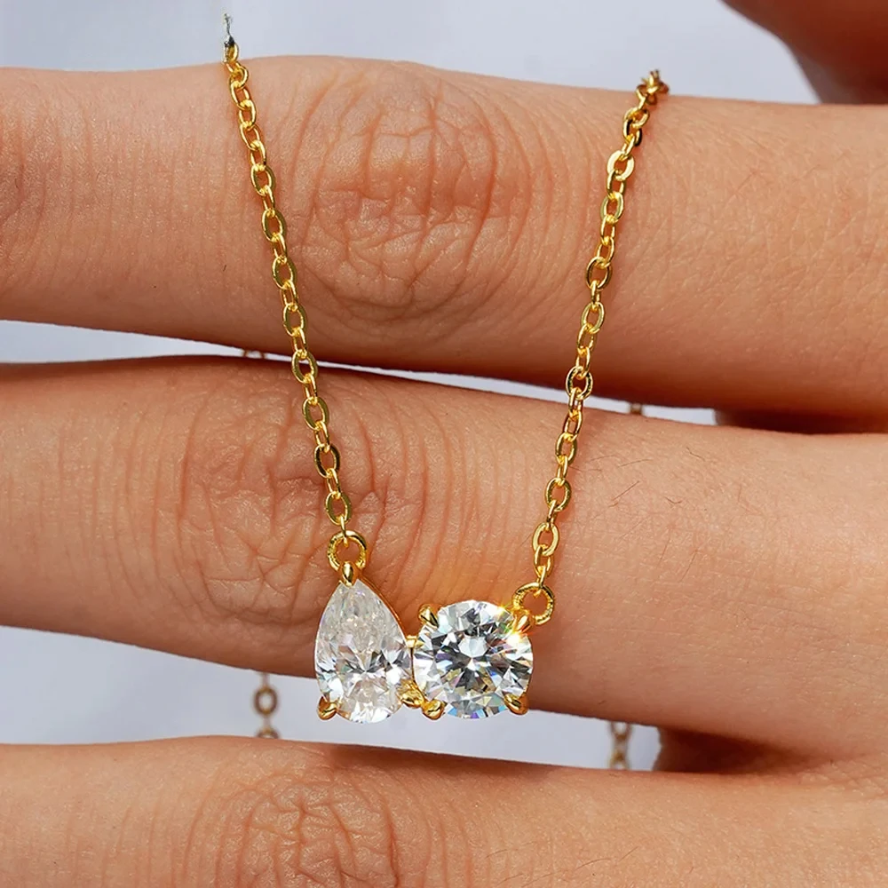

2CT Pear Cut Moissanite 2-stone Pendant Necklace For Women 100% S925 Silver Round Lab Diamond NeckChain Party Fine Jewelry