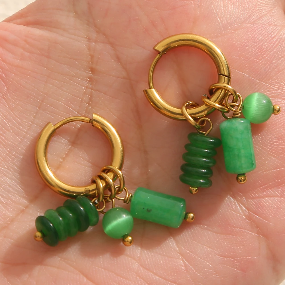 1 زوج الذهب اللون مطلي الفولاذ المقاوم للصدأ هوب أقراط للنساء خمر الحجر الأخضر سحر العصرية للماء مجوهرات هدية #6