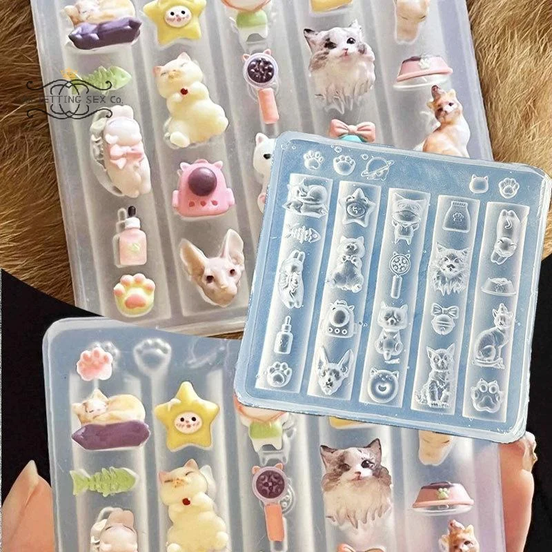 Moule à ongles Transparent en Silicone 3D, nœud doux, décoration Nail Art à faire soi-même, animaux mignons, chat, modèle de sculpture, outil de conception de manucure