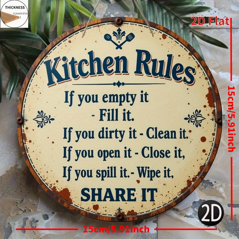 2D Flat, 2D Flat Vintage Style Kitchen Rules Wooden Sign, Round Wall Decor with Floral Design, Suitable for Home, Cafe, Garden,