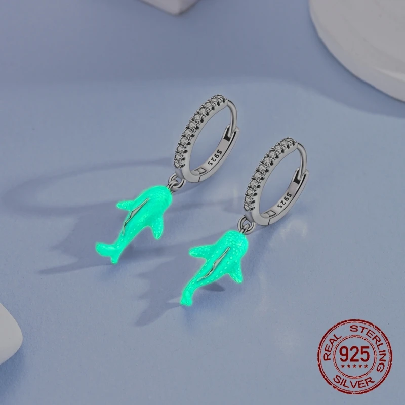 925 Sterling Silver Luminous Whale Shark Earrings for Women Girl Ear Studs Fine Jewelry Fashion Luxury Anniversary