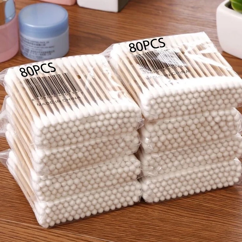 80pcs Disposable Cotton Swab Lint Free Micro Brushes Wood Cotton Buds Swabs Clean Stick Eyelash Extension Glue Removing Tool