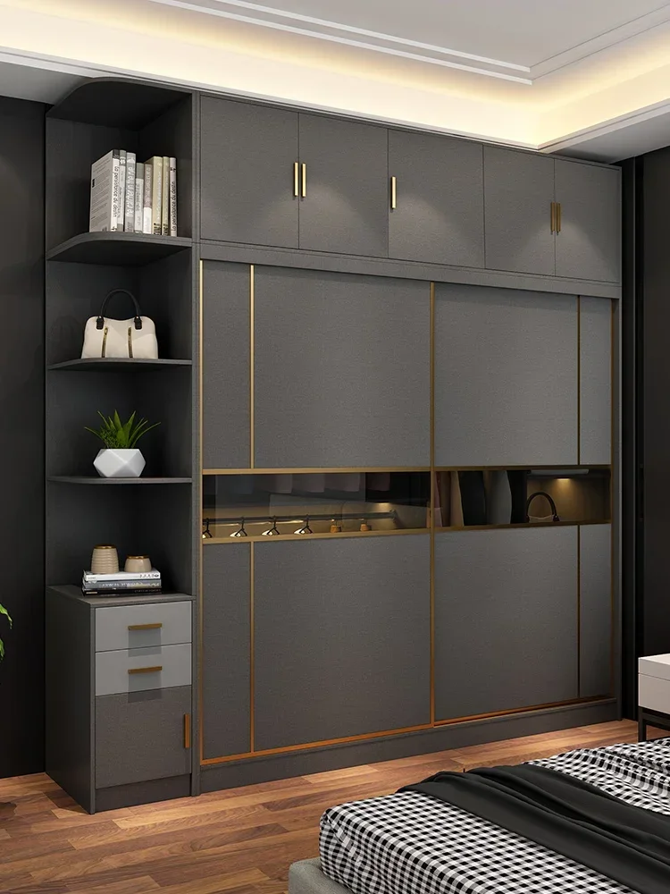 Solid wood light luxury multi-layer board eco-board wardrobe sliding door modern simple wardrobe storage cabinet