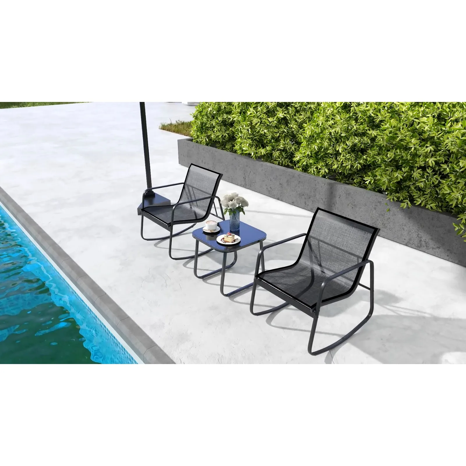 Outdoor Rocking Bistro Set, US Black Patio Set, Textilene para quintal, 3 Pcs