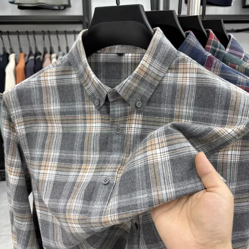New Plaid Flannel Shirts For Men Long Sleeve 100%Cotton Fashion Casual Soft Standard-Fit Man Blouse Clothes Men's Clothing 7XL