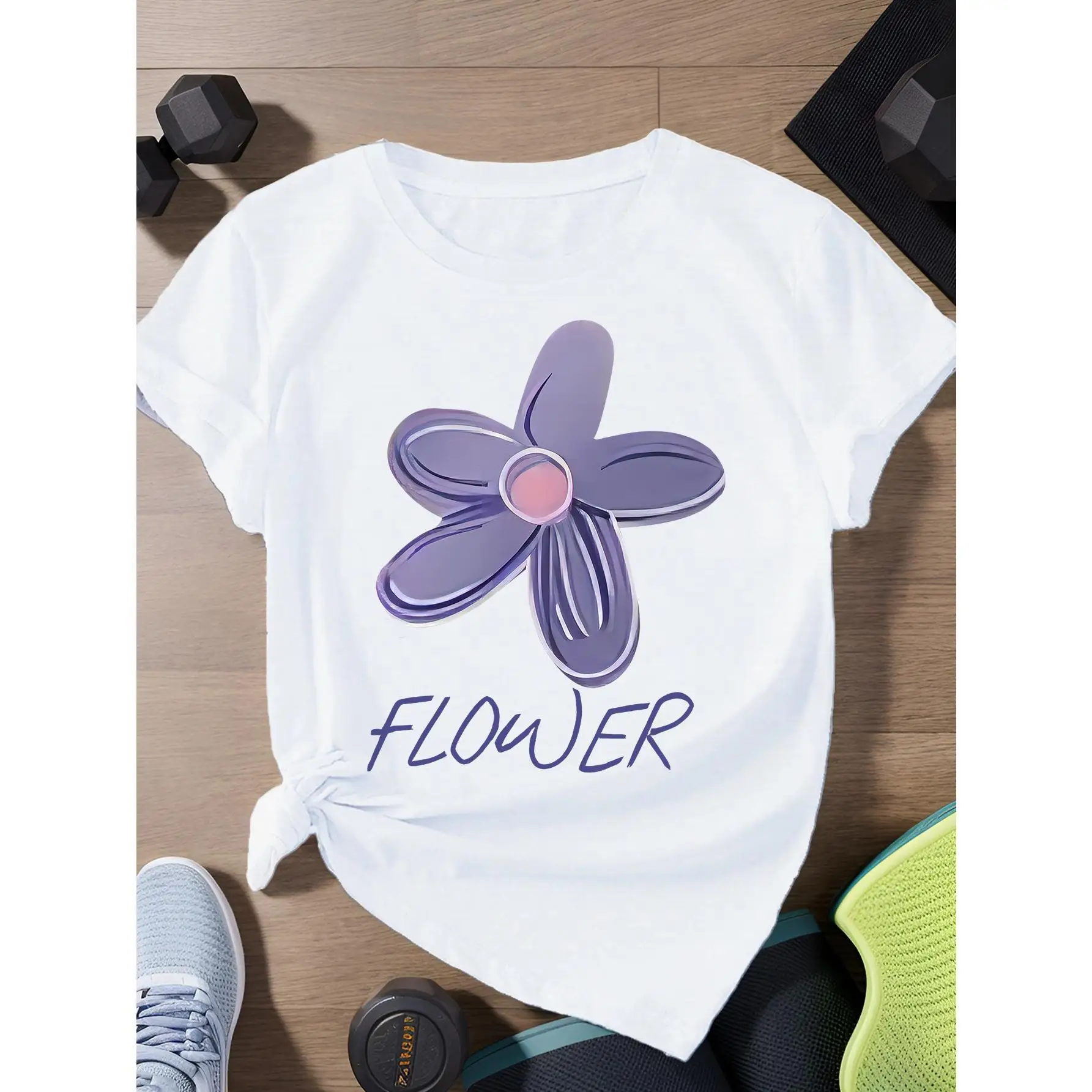 

2025 Women's round - neck short - sleeve T - shirt. Features a purple flower graphic and "FLOWER" text, made of soft