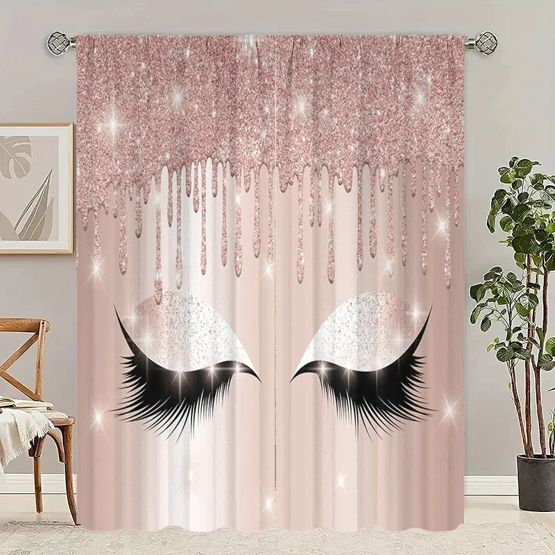 2pcs Glamorous Eyelash Curtains , Metallic Eyeshadow & Glitter Sheer Light Filtering, Dramatic Accent for Dressing Room Decor