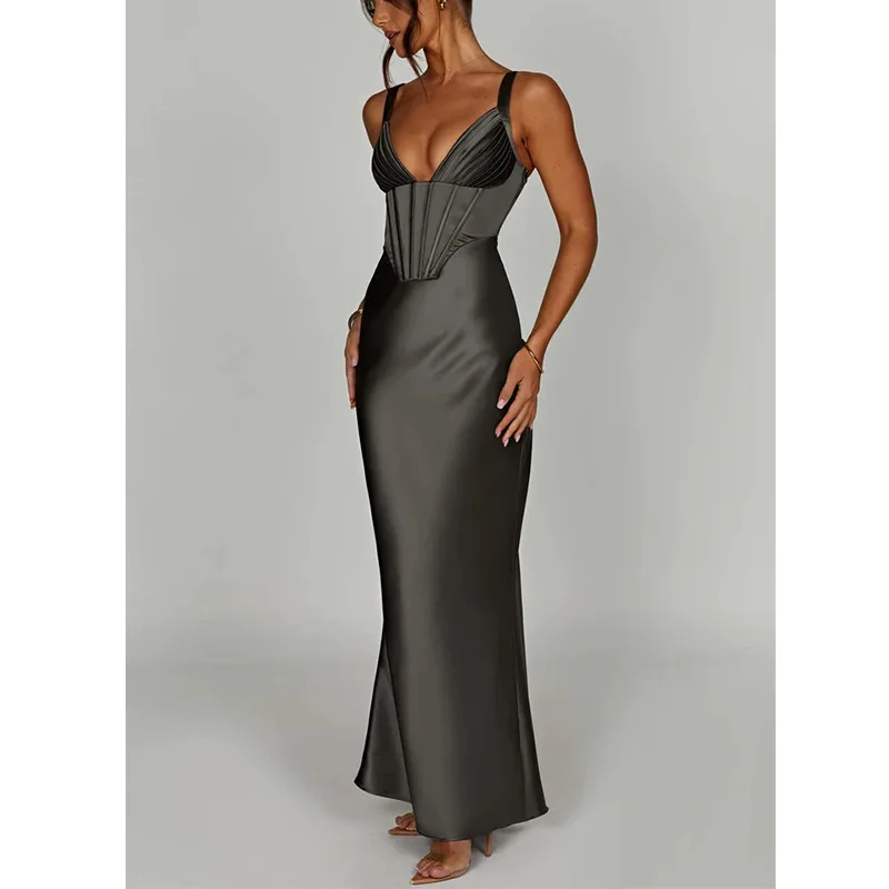 Vestido longo de cetim espinha de peixe feminino alça espaguete elegante estilo europeu e americano