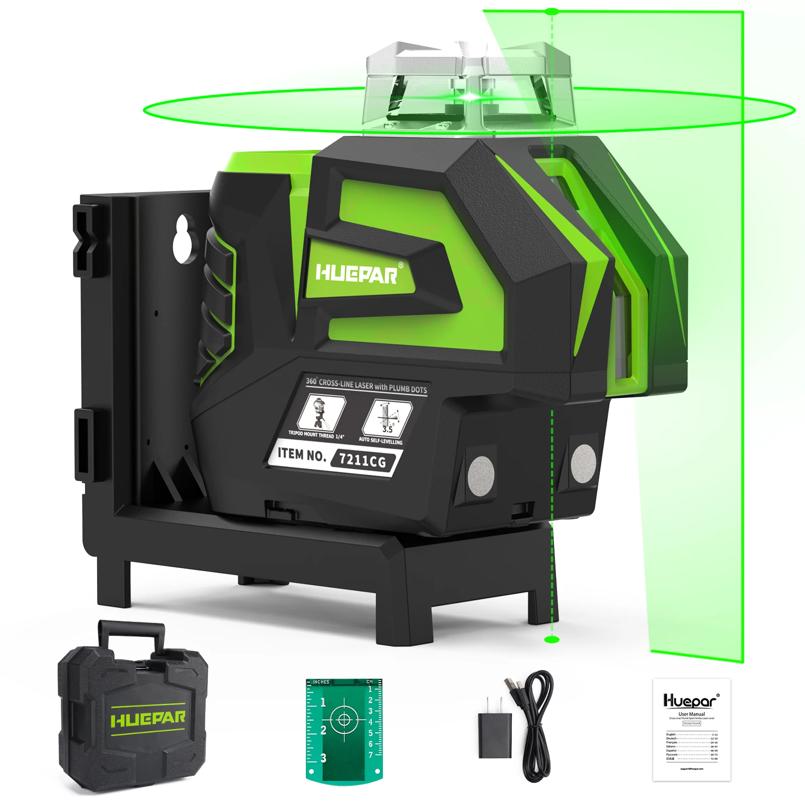 Imagem -06 - Huepar-laser Verde Nível Ferramenta Auto-nivelamento Cruz Linha Plumb Dots Li-ion Bateria 360 ° Linha Horizontal Fan Angle 7211cg