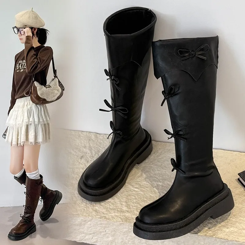 

【2025 AW】Sweet & Combat Boots Women Bow Detail Knee High Boots Platform Chunky Heel Brown Riding Boots Slim Fit For Petite