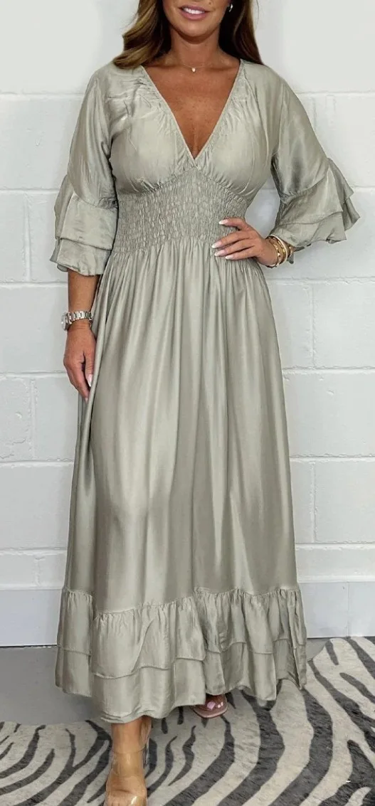 Women's Dresses Spring Autumn Deep V-neck Ruffles Sleeve Solid Color Satin Face Casual Design Sense Women Streetwear Robe Femme