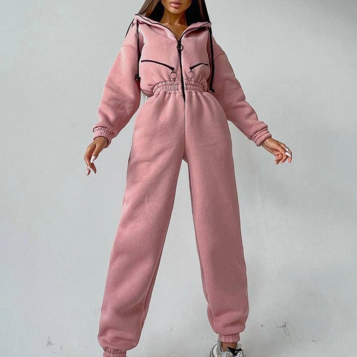 Herbstliche Einteiler-Sets: Sweatshirt-Kapuzen-Jumpsuit für Damen, lässige Sportsets, Winter-Reißverschluss-Set mit gerader Hose. – Detail 9