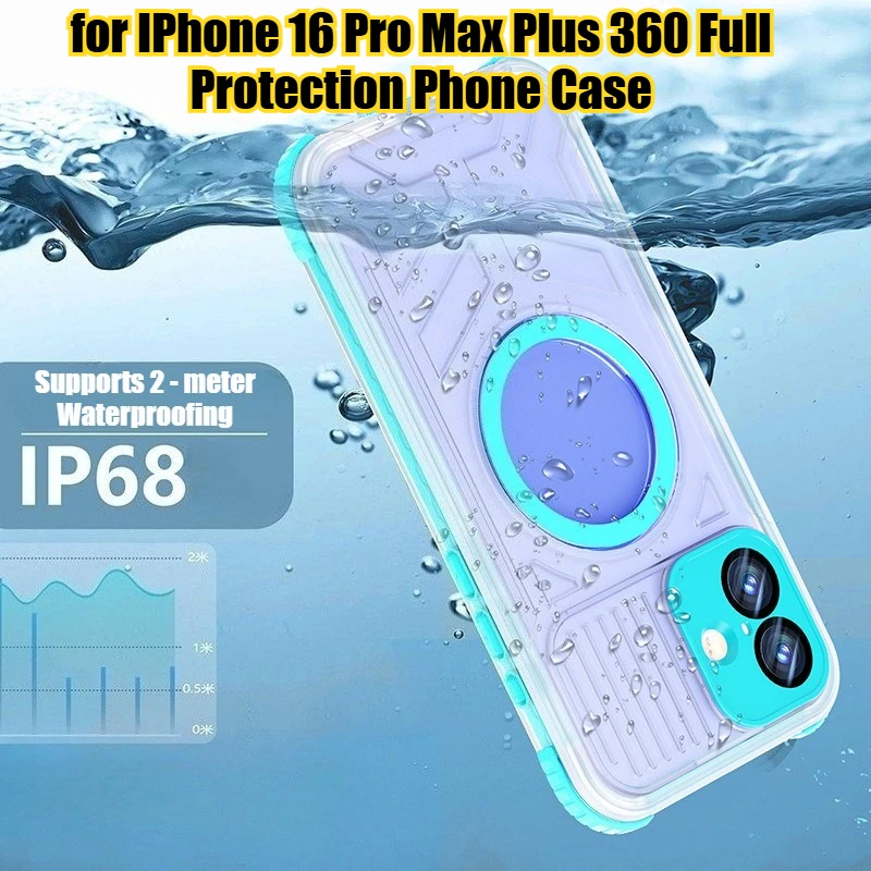 Водонепроницаемый пылезащитный чехол для телефона IP68 для IPhone 16 Pro Max Plus 360, полная защита, беспроводная зарядка, рамка объектива из алюминиевого сплава