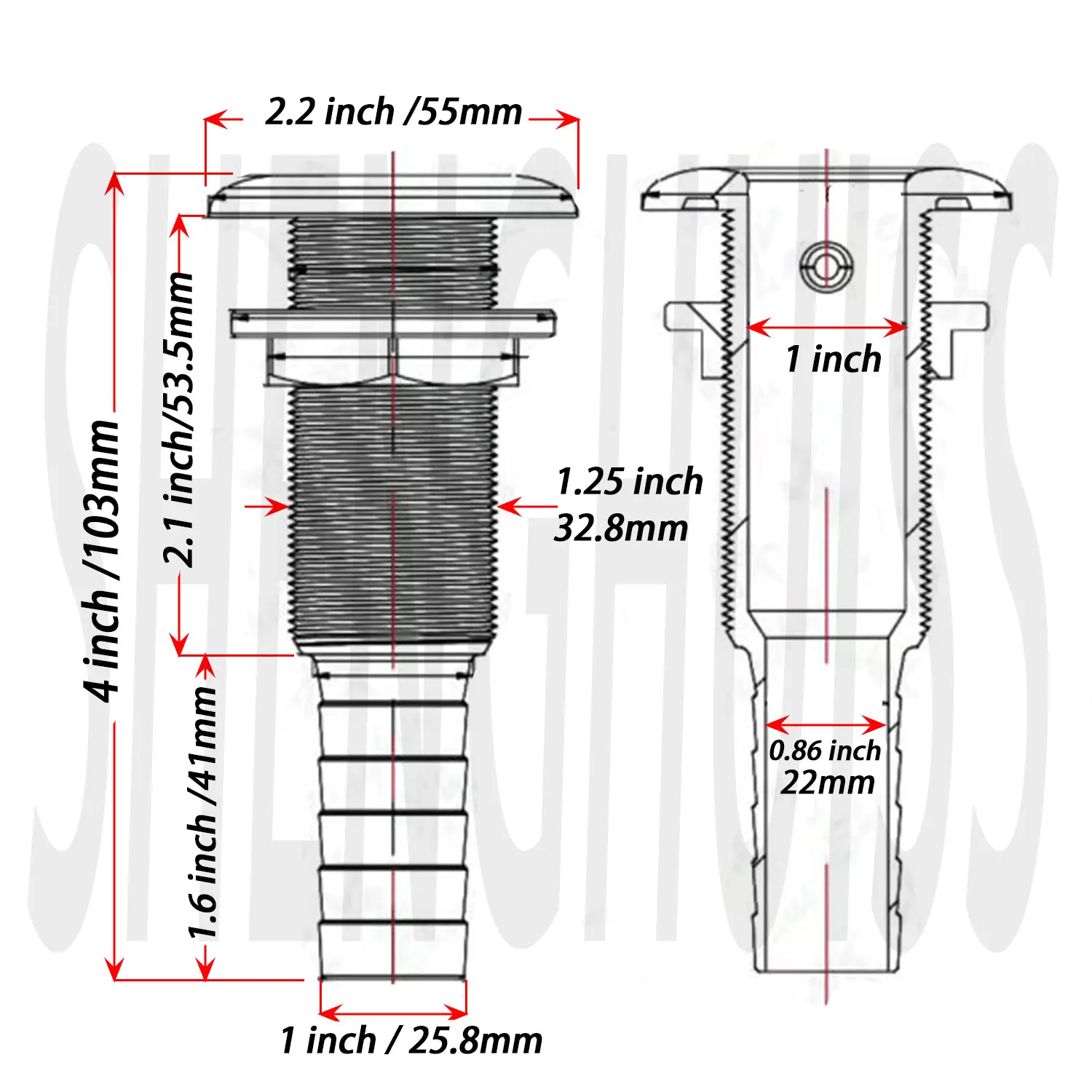 1 "(25,4mm) Widerhaken extra lange gerade durch den Rumpf Marine Edelstahl Boot durch Abfluss verbinder Armaturen für Boot 、 rsv